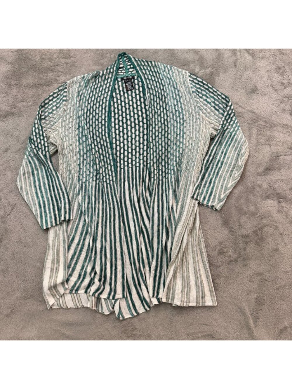 Nic + Zoe Green White Striped Open Cardigan Womens LARGE Petite LP Linen Blend